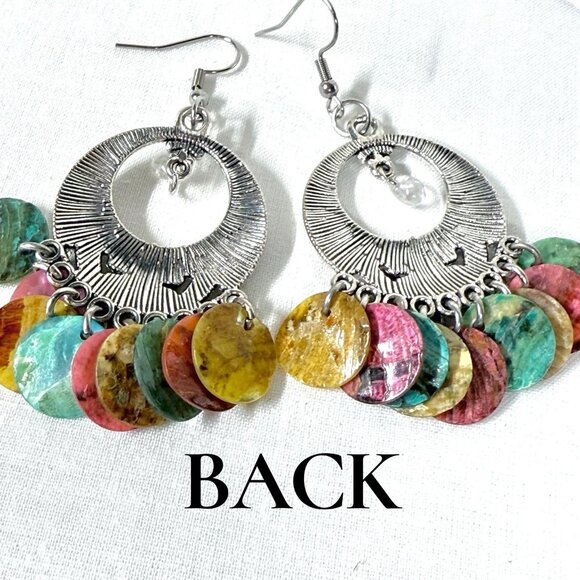 Silver Tone Dangle Earrings Multicolor Shell Discs - Picture 7 of 8